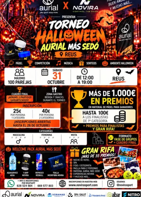 Cartel: 🚨🎾 ¡NUEVO HORARIO DEL TORNEO DE HALLOWEEN NOVIRA x AURIAL! 🎃